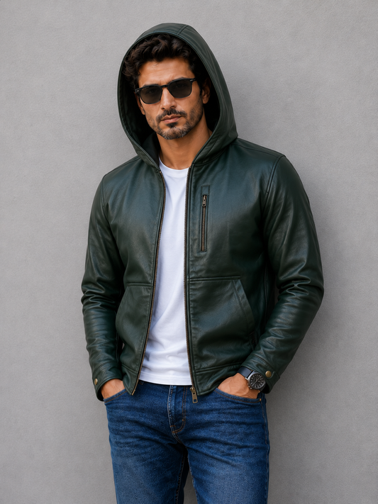 Hooded Leather Jacket - Green