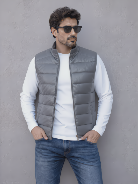 Leather Puffer Vest - Gray