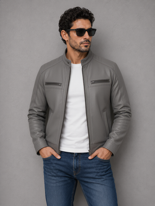 Classic Biker Leather Jacket - Gray