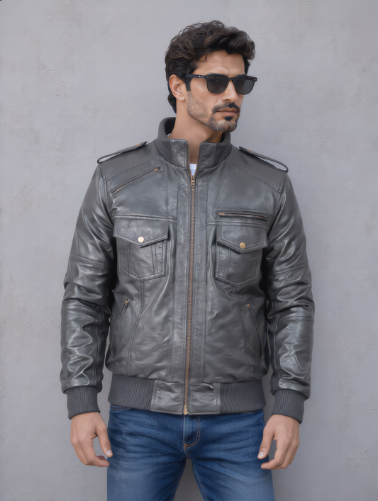 Biker Leather Jacket -Gray