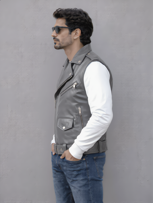 Biker Leather Vest - Gray