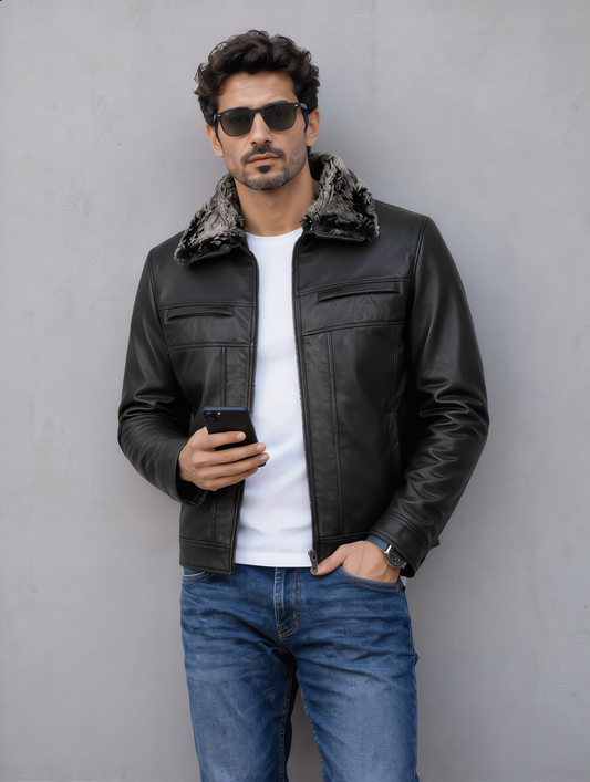 Leather Jacket with Fur Collar - Black