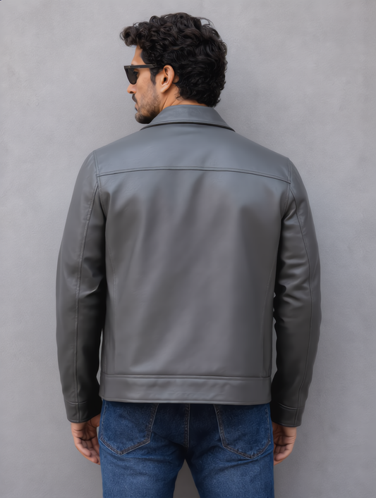 Classic Leather Collar Jacket - Gray