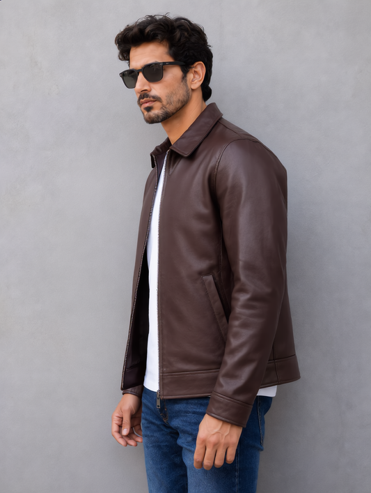 Classic Leather Collar Jacket - Chocolate