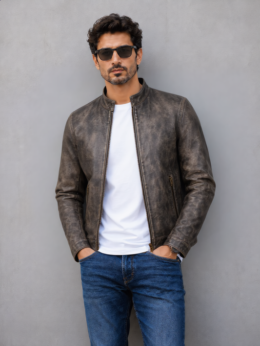 Distressed Leather Jacket - Brown