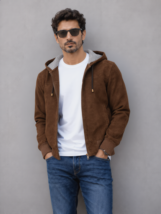 Suede Leather Hooded Jacket - Brown
