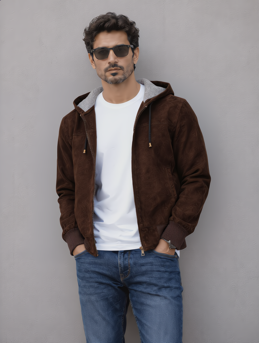 Suede Leather Hooded Jacket - Chocolate
