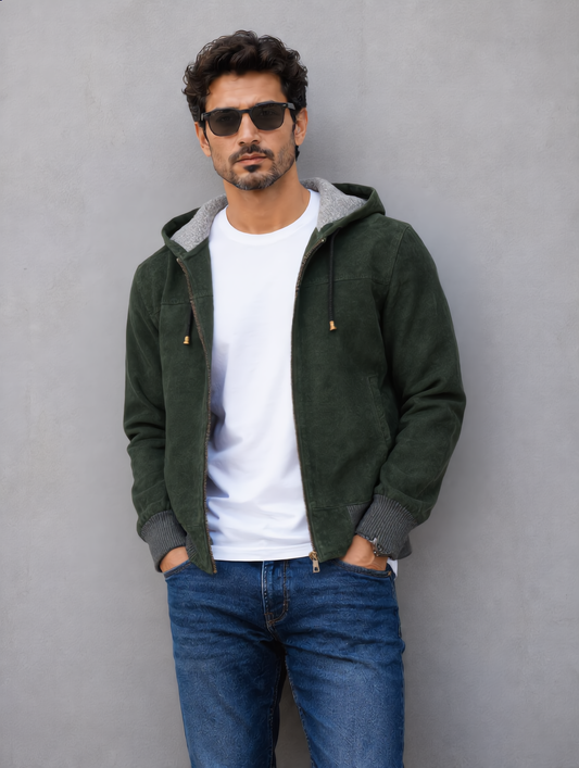 Suede Leather Hooded Jacket - Green