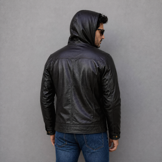 Hooded Leather Jacket - Black