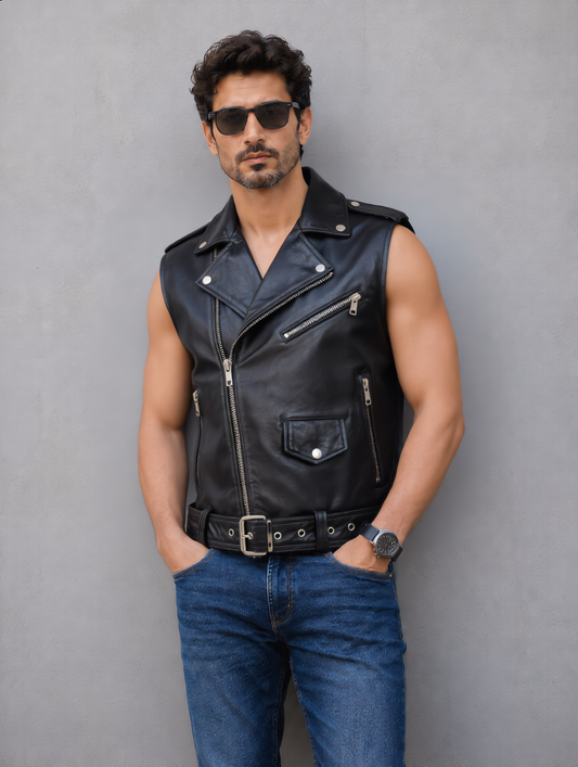 Biker Leather Vest - Black