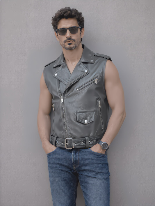Biker Leather Vest - Gray