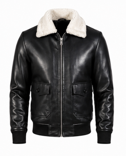 Leather Jacket (Detachable Faux Fur Collar) (Black) ask