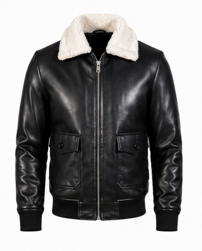 Leather Jacket (Detachable Faux Fur Collar) (Black) ask