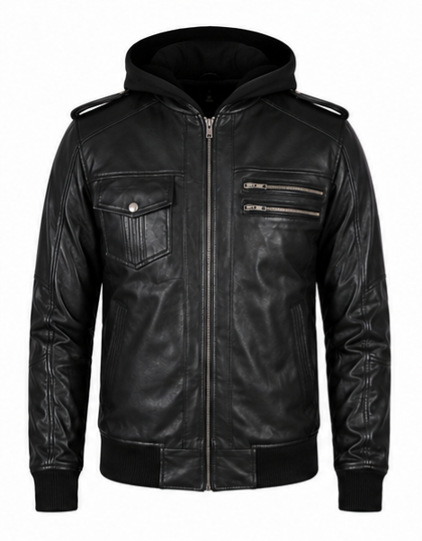Leather Bomber Jacket with Hood