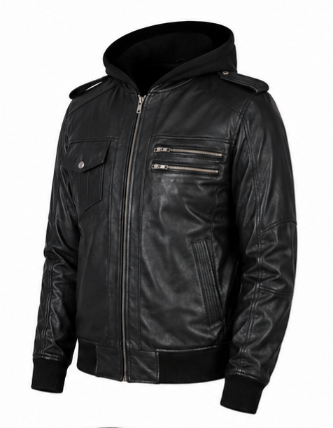 Leather Bomber Jacket with Hood