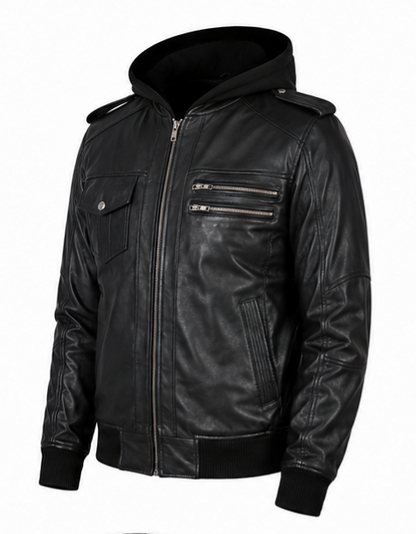 Leather Bomber Jacket with Hood