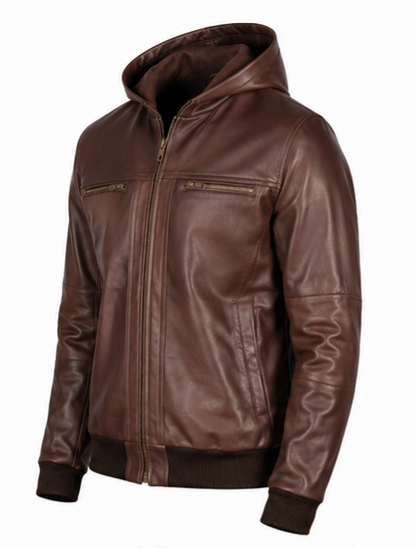 Hooded Leather Bomber Jacket   Ask