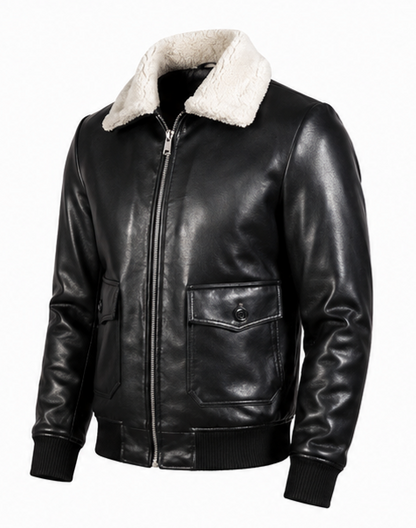 Leather Jacket (Detachable Faux Fur Collar) (Black) ask
