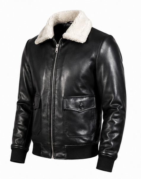Leather Jacket (Detachable Faux Fur Collar) (Black) ask