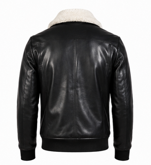Leather Jacket (Detachable Faux Fur Collar) (Black) ask