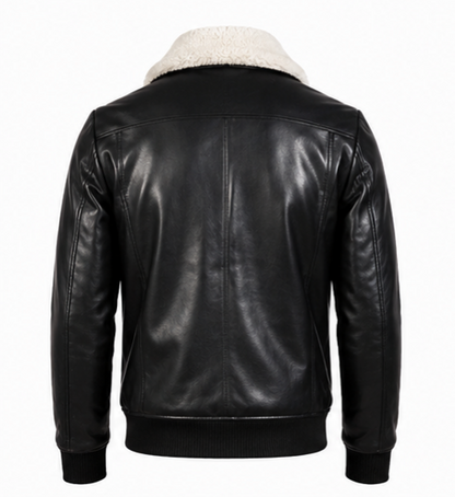 Leather Jacket (Detachable Faux Fur Collar) (Black) ask