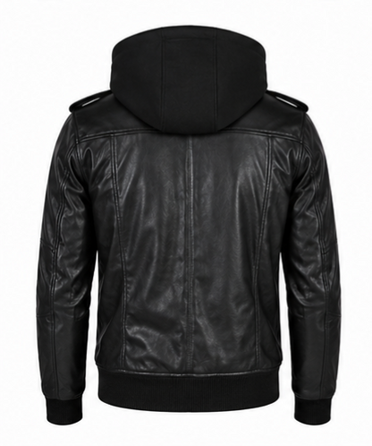 Leather Bomber Jacket with Hood