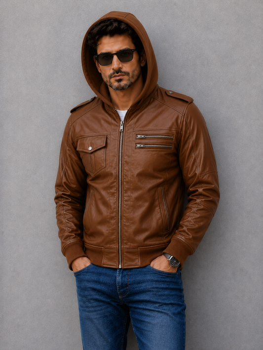 Bomber Hooded Jacket - Brown