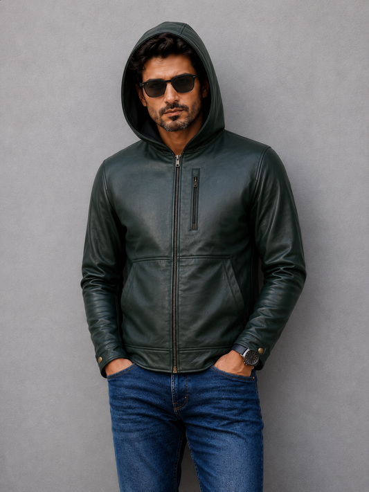 Hooded Leather Jacket - Green