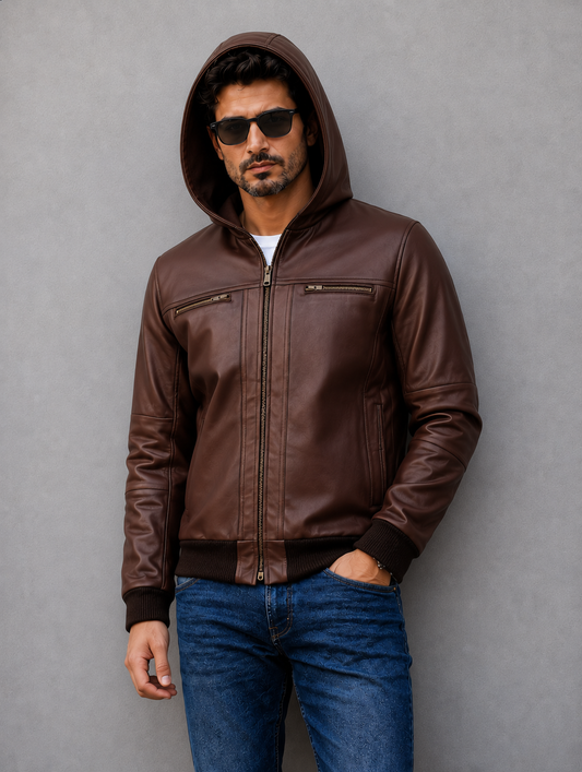 Hooded Leather Bomber Jacket - Chocolate