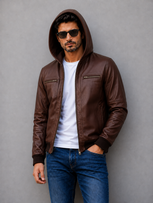 Hooded Leather Bomber Jacket - Chocolate