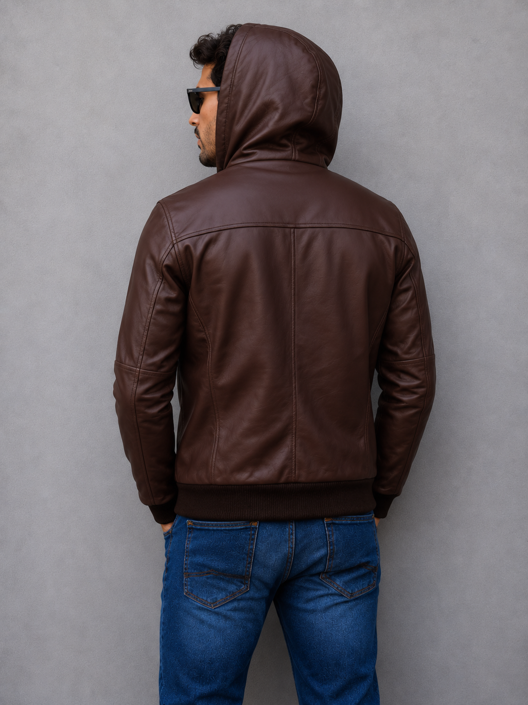 Hooded Leather Bomber Jacket - Chocolate