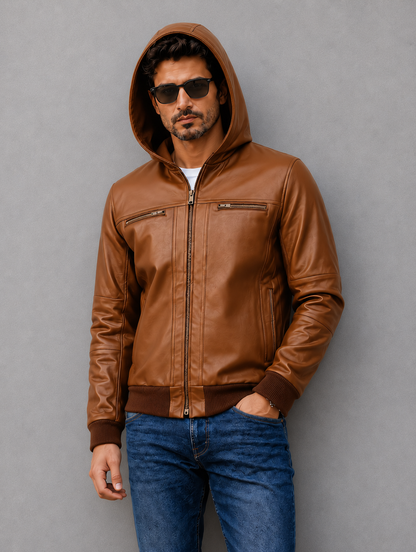 Hooded Leather Bomber Jacket - Brown