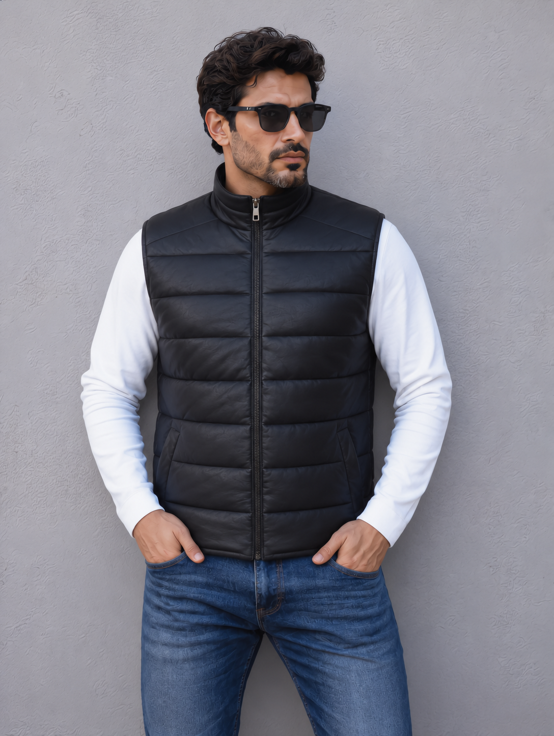 Leather Puffer Vest - Black