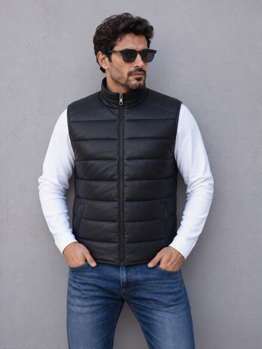 Leather Puffer Vest - Black