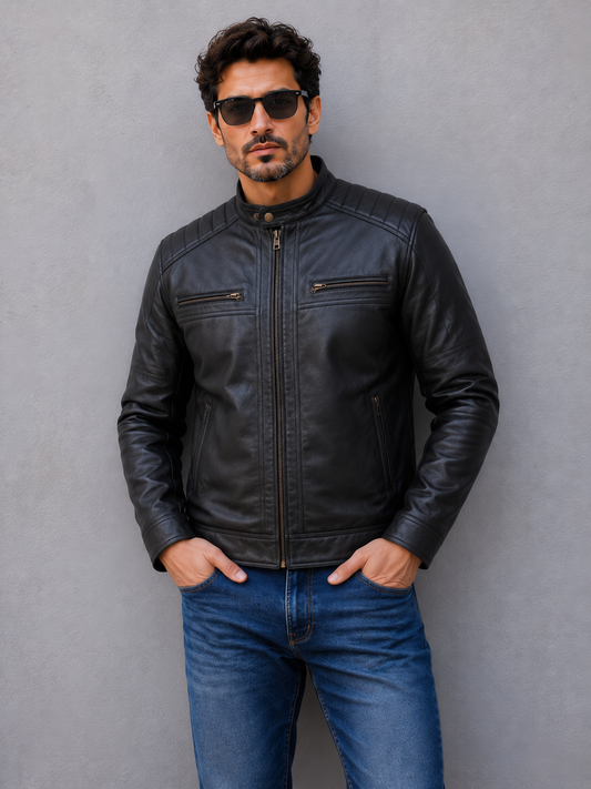 Classic Biker Leather Jacket - Black