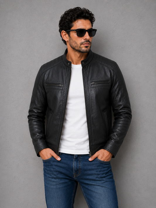 Classic Biker Leather Jacket - Black