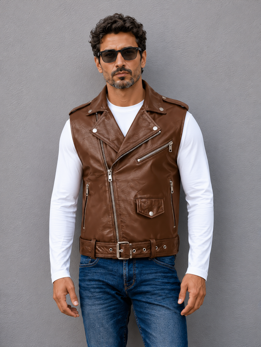 Biker Leather Vest - Brown