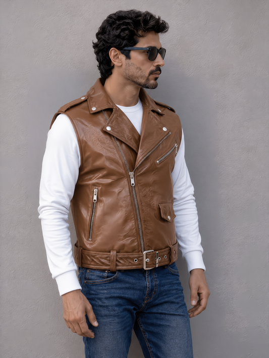 Biker Leather Vest - Brown