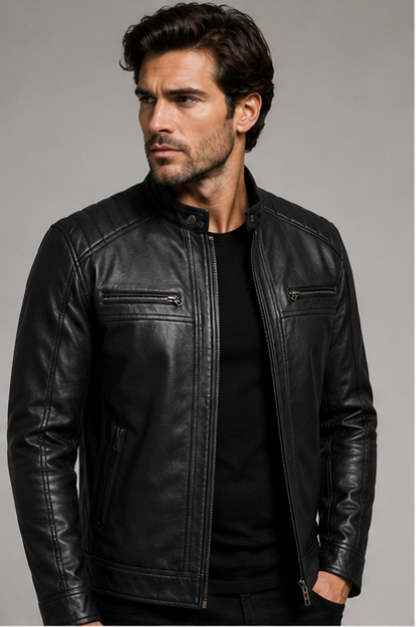 Classic Biker Leather Jacket - Black