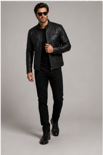 Classic Biker Leather Jacket - Black