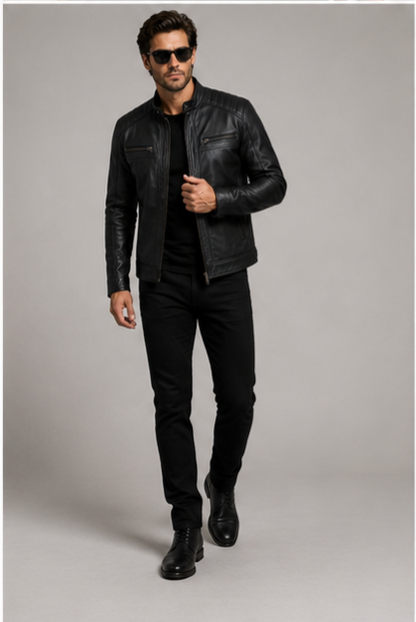 Classic Biker Leather Jacket - Black