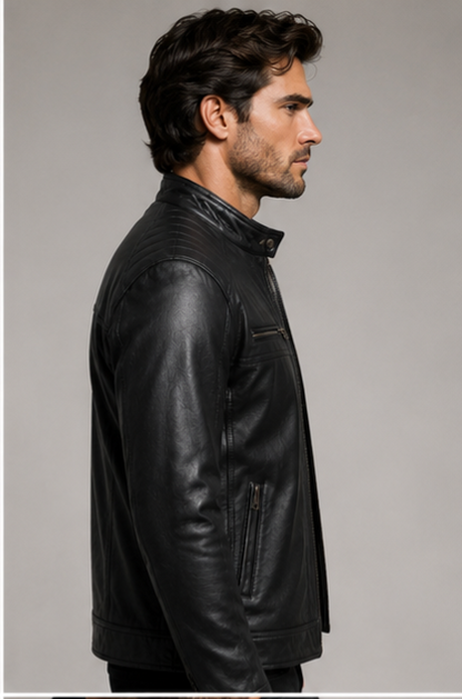 Classic Biker Leather Jacket - Black
