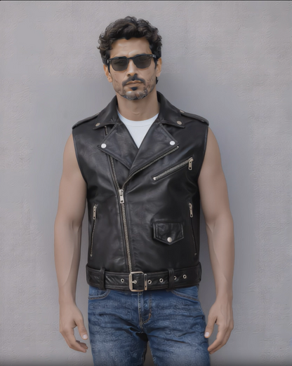 Biker Leather Vest - Black
