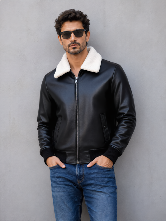Leather Jacket (Detachable Faux Fur Collar) - Black