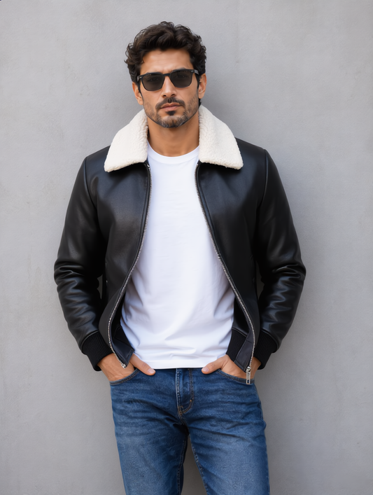 Leather Jacket (Detachable Faux Fur Collar) - Black