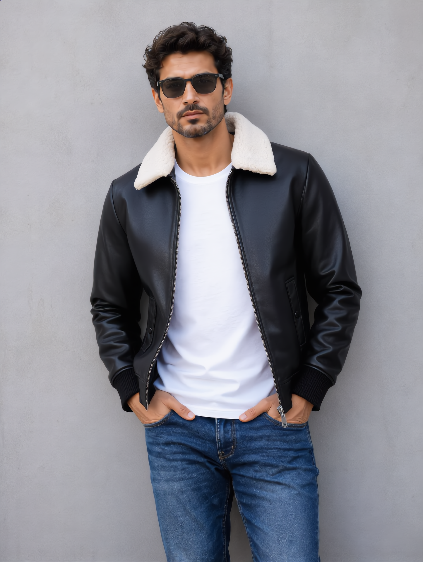 Leather Jacket (Detachable Faux Fur Collar) - Black