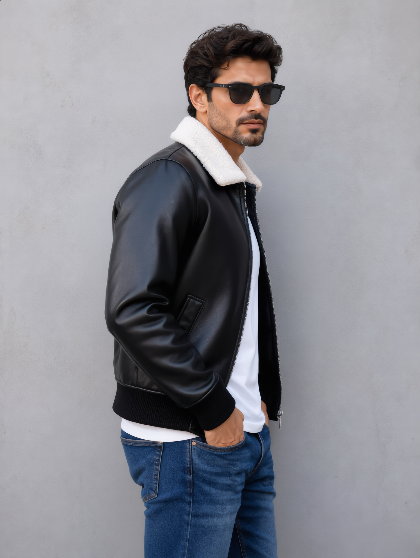 Leather Jacket (Detachable Faux Fur Collar) - Black