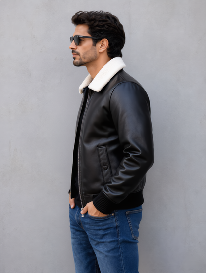 Leather Jacket (Detachable Faux Fur Collar) - Black