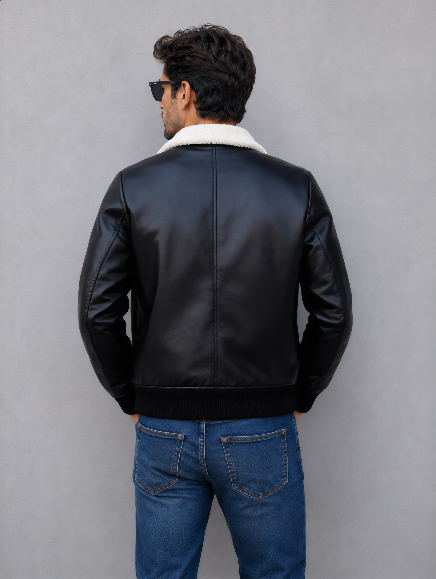Leather Jacket (Detachable Faux Fur Collar) - Black