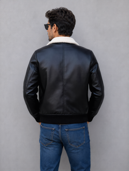 Leather Jacket (Detachable Faux Fur Collar) - Black